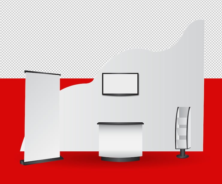 Gratis PSD hvidt, blankt pop-up-stand til messebrug med bord til præsentation og salgsfremstød
