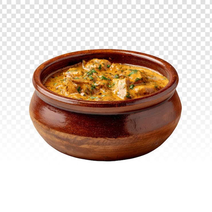 Gratis PSD krämig kycklingcurry i lerskål