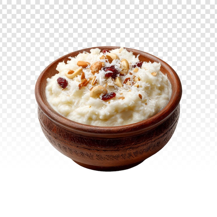 Gratis PSD krämig risgrynsgröt med nötter och kokos i en rustik skål