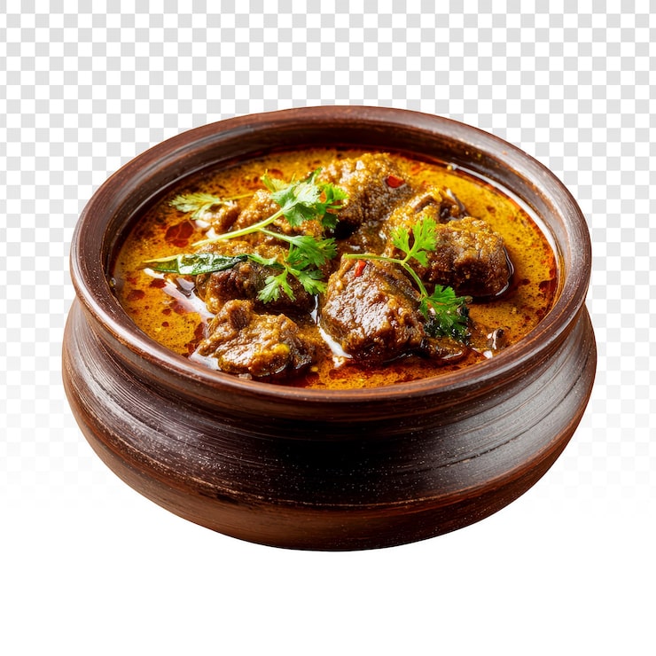 Gratis PSD kryddig indisk köttcurry i en traditionell lerskål
