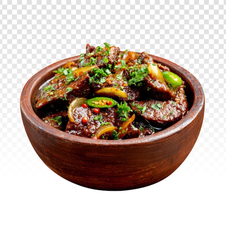 Gratis PSD kryddig köttgryta med lök och chilipeppar i en rustik skål