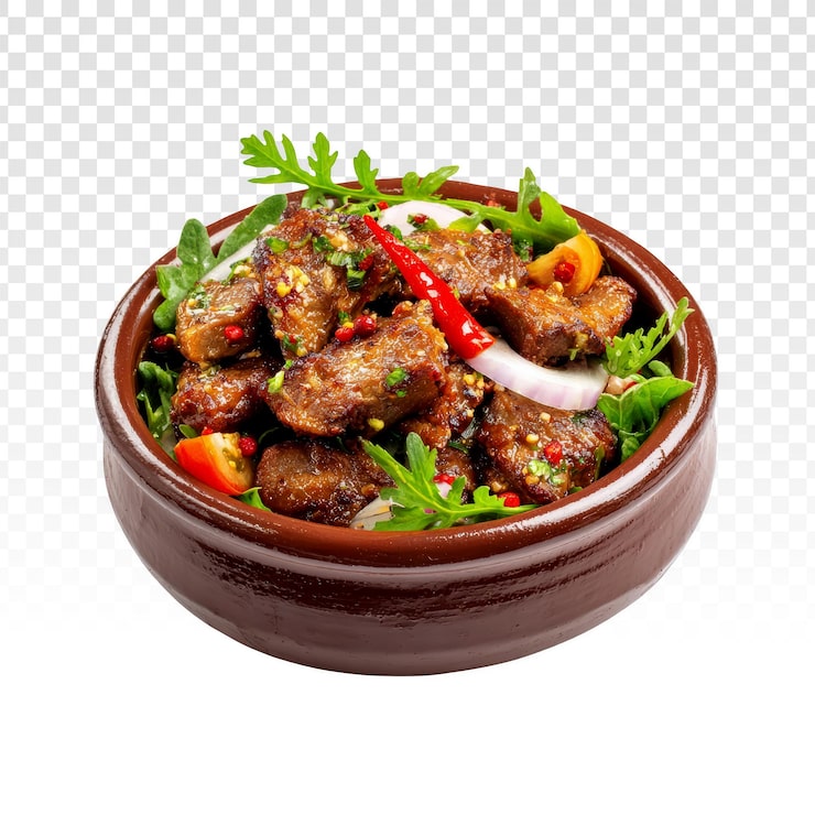 Gratis PSD kryddig nötköttsrätt med tärnat kött, örter och chili