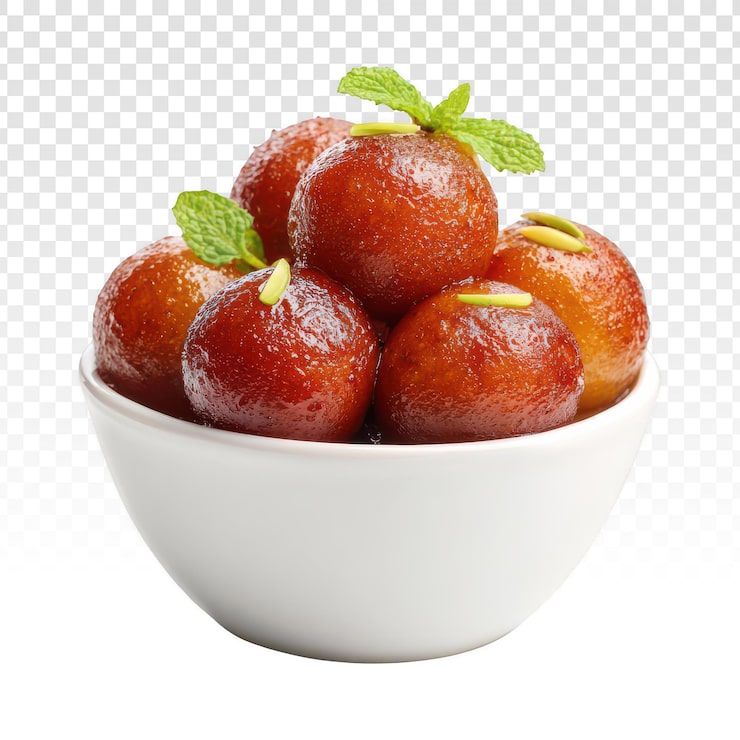 Gratis PSD läcker gulab jamun i en vit skål med transparent bakgrund.