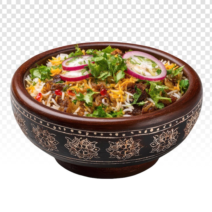 Gratis PSD läcker indisk biryani i en traditionell skål