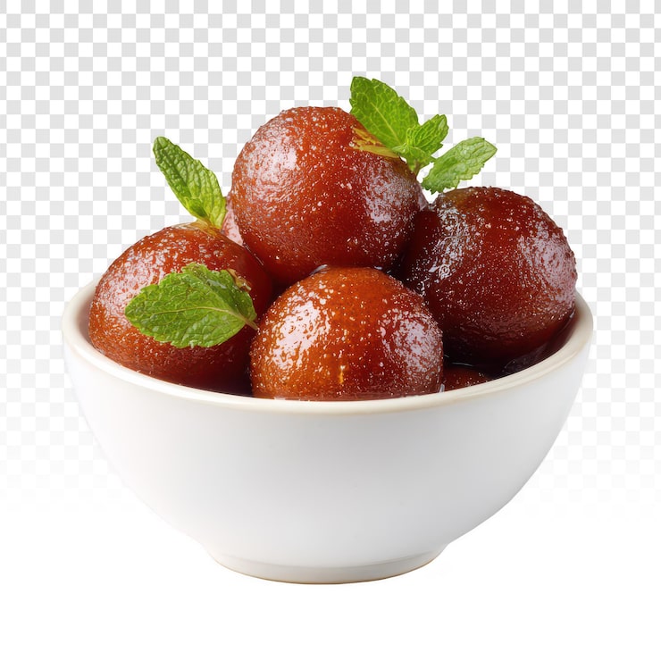 Gratis PSD läcker indisk sötsak gulab jamun i en vit skål med färsk myntgarnering