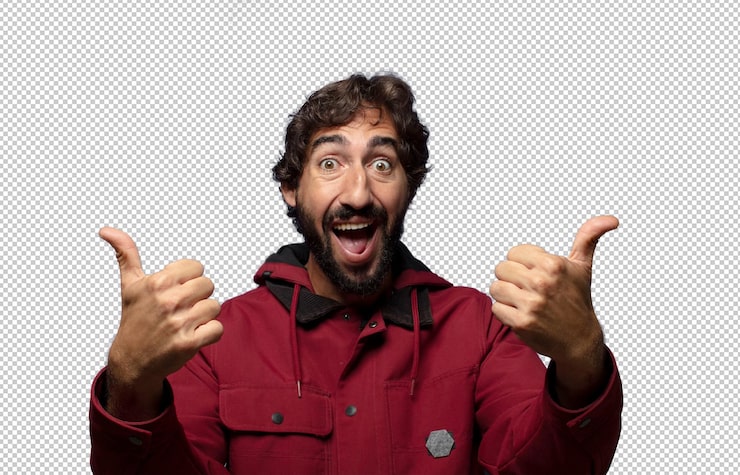 Gratis PSD leende glatt och ser glad ut, känner sig bekymmersfri och positiv med båda tummarna upp