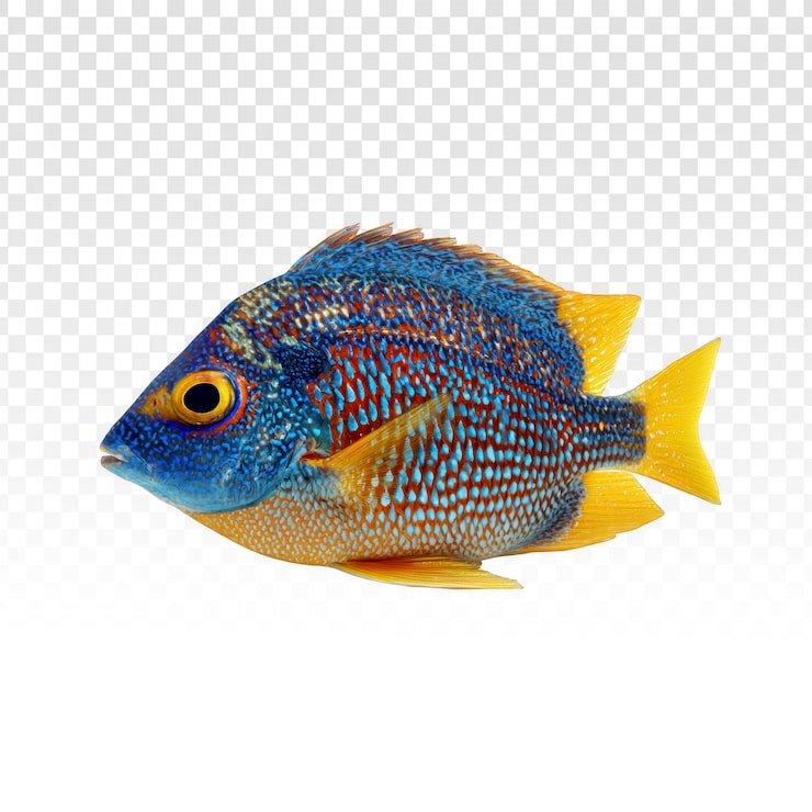Gratis PSD levende blå og gul tropisk fisk med gjennomsiktig bakgrunn