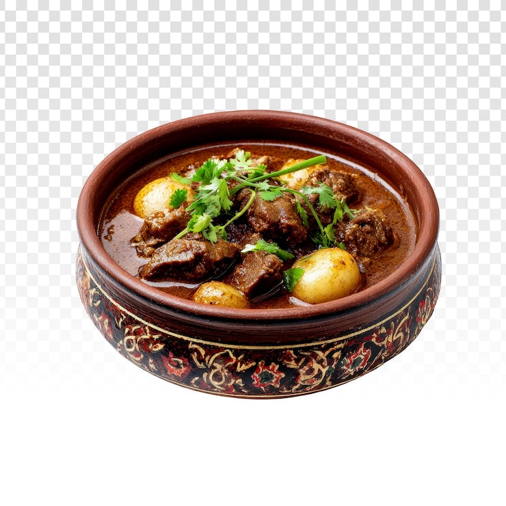 Gratis PSD matig kött- och potatisgryta i en lerskål.