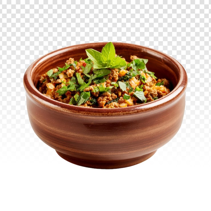 Gratis PSD matig rätt med köttfärs och gryn med färska örter i en skål