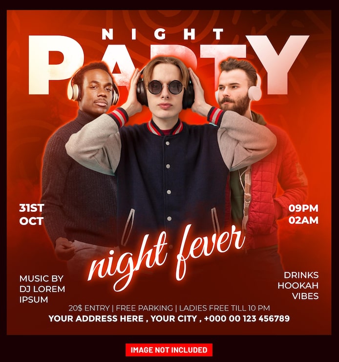 Gratis PSD night fever-eventflyer til natfest med dj's og særlige tilbud