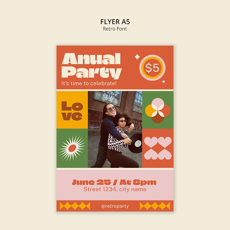 Gratis PSD retro 70'er årlig fest flyer