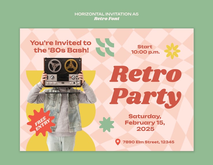 Gratis PSD retro 80-talls partyinvitasjon