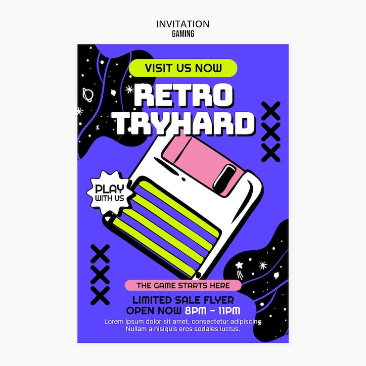 Gratis PSD retro gaming invitation skabelon