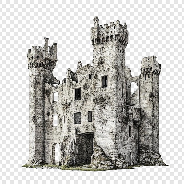 Gratis PSD ruiner av ett majestätiskt medeltida slott en 3d-rendera av en smulande fästning