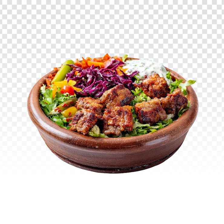 Gratis PSD salladsskål med grillat kött och grönsaker