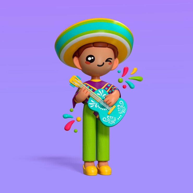Gratis PSD tecknad mexikansk musiker som spelar gitarr