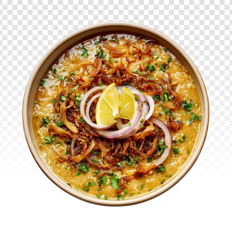 Gratis PSD traditionell haleem- eller khichra-gryta garnerad med stekt lök och citron