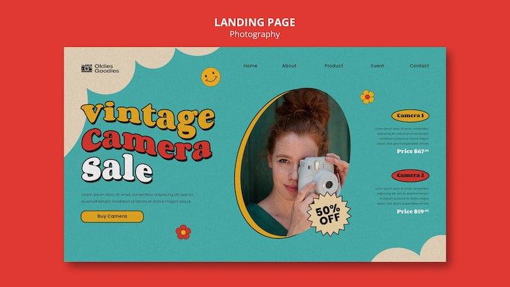 Gratis PSD vintage fotografi landingsside mal med himmel og skyer