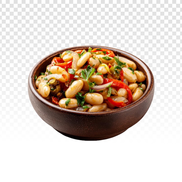 Gratis PSD vit bönssallad med röd paprika och örter i en träskål