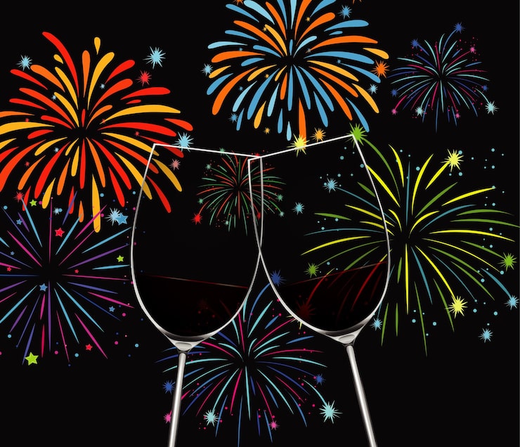 Gratis Vektor bakgrund med två glas champagne och fyrverkerier