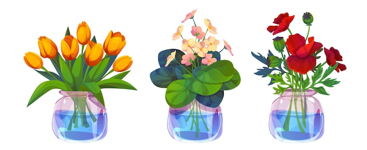 Gratis Vektor blomsterbuket i vase, bundt af tulipanplante sæt