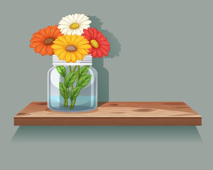 Gratis Vektor farverige blomster i glaskrukke på hylde