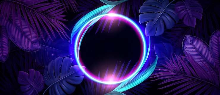 Gratis Vektor festbanner med tropiske blade og neoncirkel