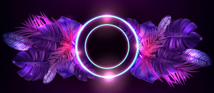 Gratis Vektor festbanner med tropiske blade og neoncirkel