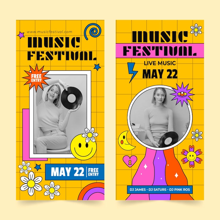Gratis Vektor flad lodret bannerskabelon til musikfestival