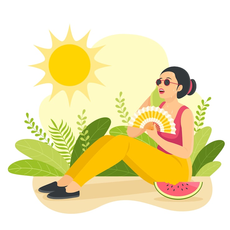 Gratis Vektor flad sommer illustration med kvinde, der holder vifte i solen