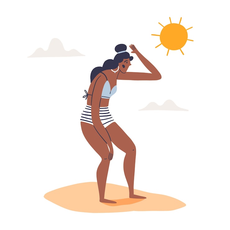 Gratis Vektor flad sommer varme illustration med kvinde under solen
