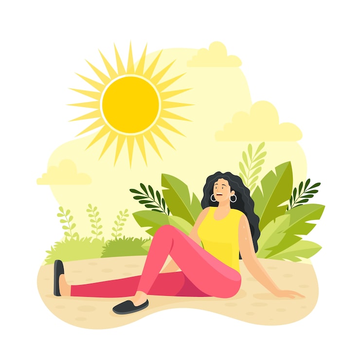 Gratis Vektor flad sommervarmeillustration med kvinde, der står i solen