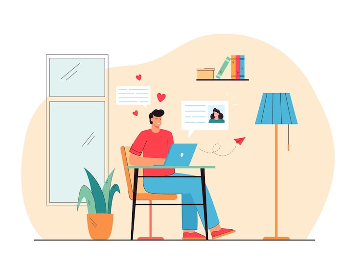 Gratis Vektor glad mand dater med kvinde online flad illustration