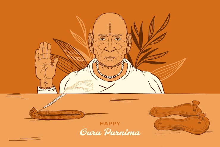 Gratis Vektor handritad guru purnima-bakgrund med munk