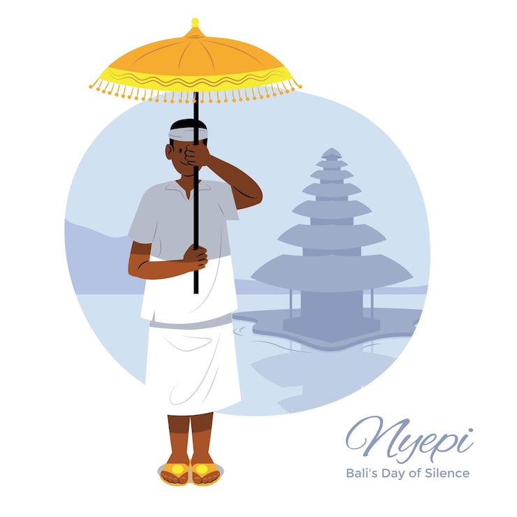 Gratis Vektor håndtegnet nyepi illustration med mand, der holder paraply