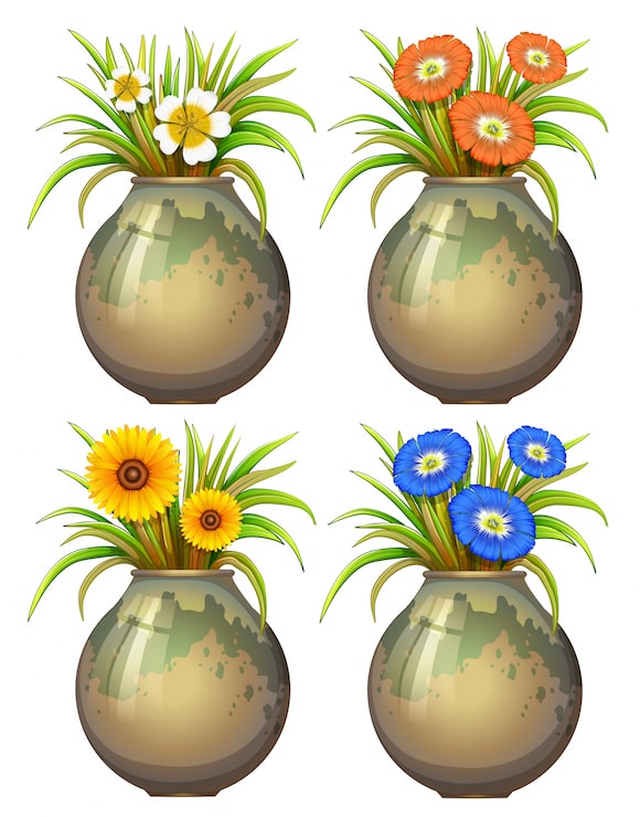 Gratis Vektor illustration af fire potteplanter og blomster