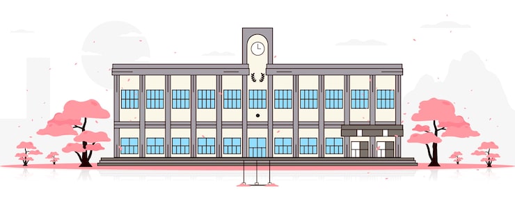 Gratis Vektor japansk skola omgiven av sakura-blommande träd