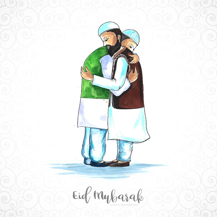Gratis Vektor muslimsk mand, der omfavner folk og ønsker eid mubarak-fejring i baggrunden
