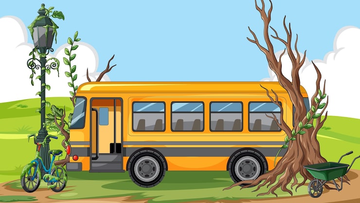 Gratis Vektor övergiven skolbuss i igenvuxet landsbygdslandskap
