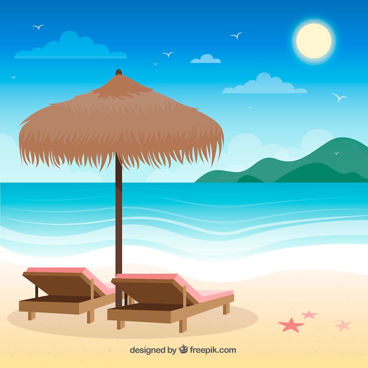 Gratis Vektor paradiset tropiska stranden med platt design