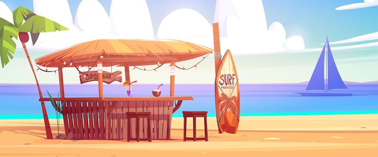 Gratis Vektor sommarstrandbar mot havsbakgrund