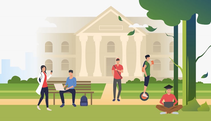 Gratis Vektor studenter som promenerar och kopplar av i campusparken