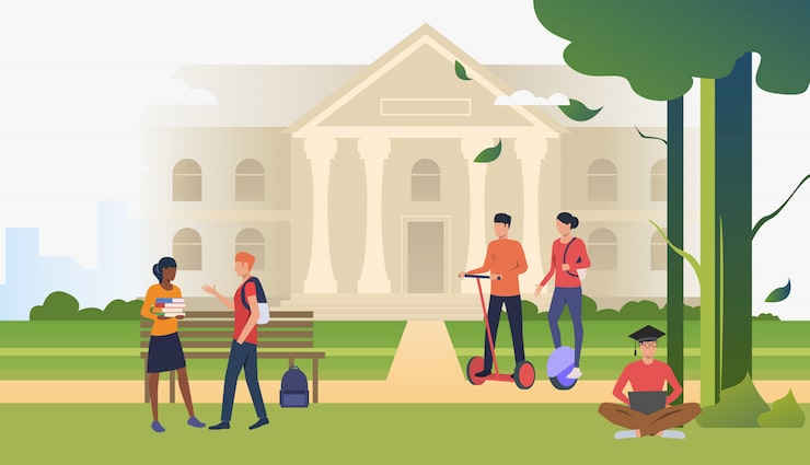 Gratis Vektor studenter som promenerar och pratar i campusparken