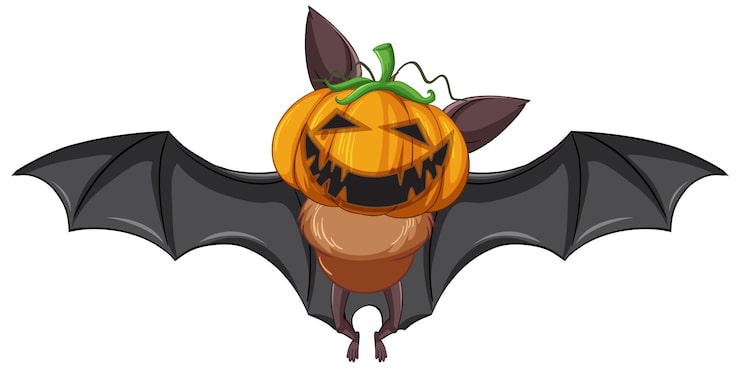 Gratis Vektor tecknad fladdermus med jackolantern huvud på vit bakgrund