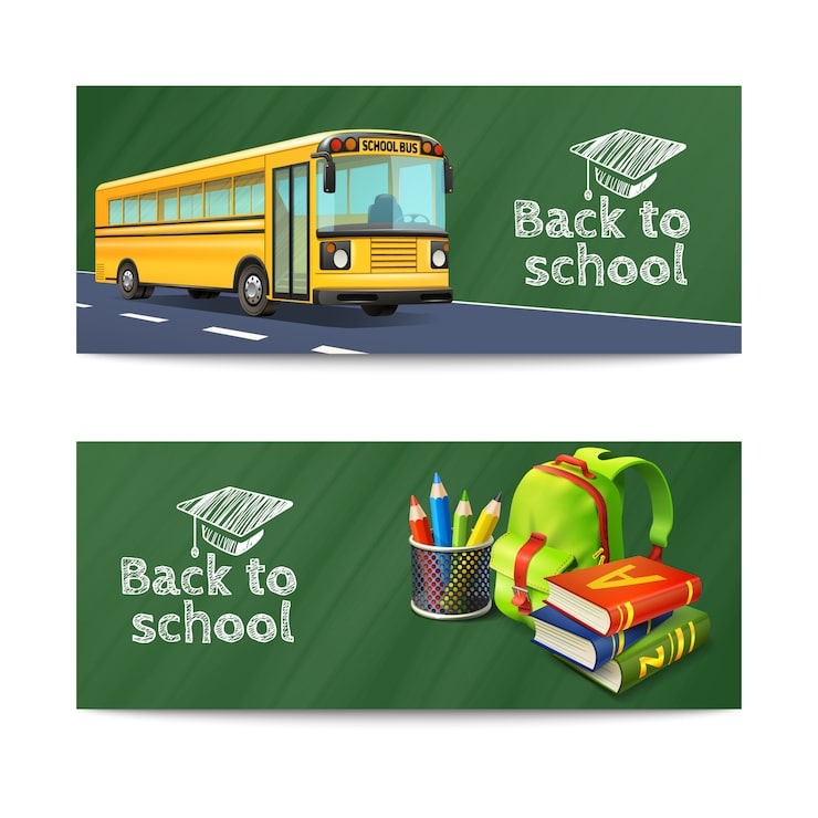 Gratis Vektor tillbaka till skolan horisontella banderoller set med buss ryggsäck och böcker