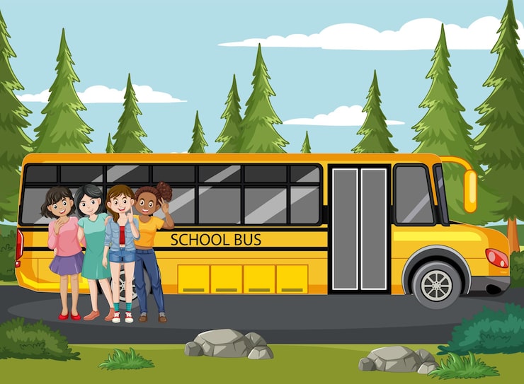 Gratis Vektor vänner poserar vid skolbussen