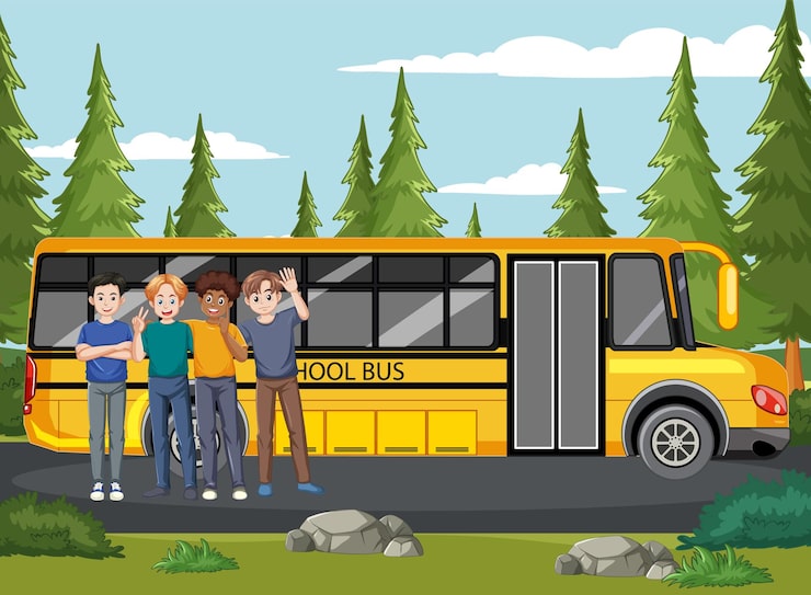 Gratis Vektor vänner poserar vid skolbussen