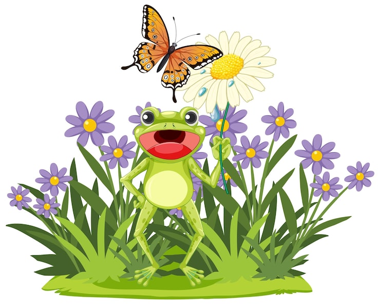 Gratis Vektor frosk og sommerfugl i en blomstereng