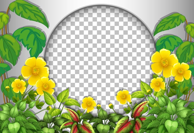 Gratis Vektor rund ramme transparent med mal for tropiske blomster og blader
