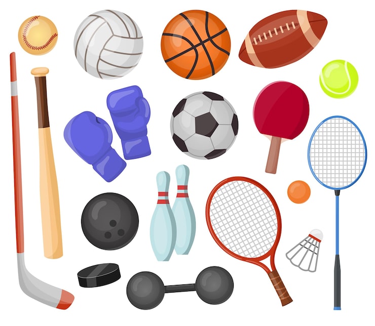 Gratis Vektor tegneseriesett for sportsutstyr. baller og spillartikler for hockey, rugby, baseball og tennisracket. samling for bowling, boksing og golf